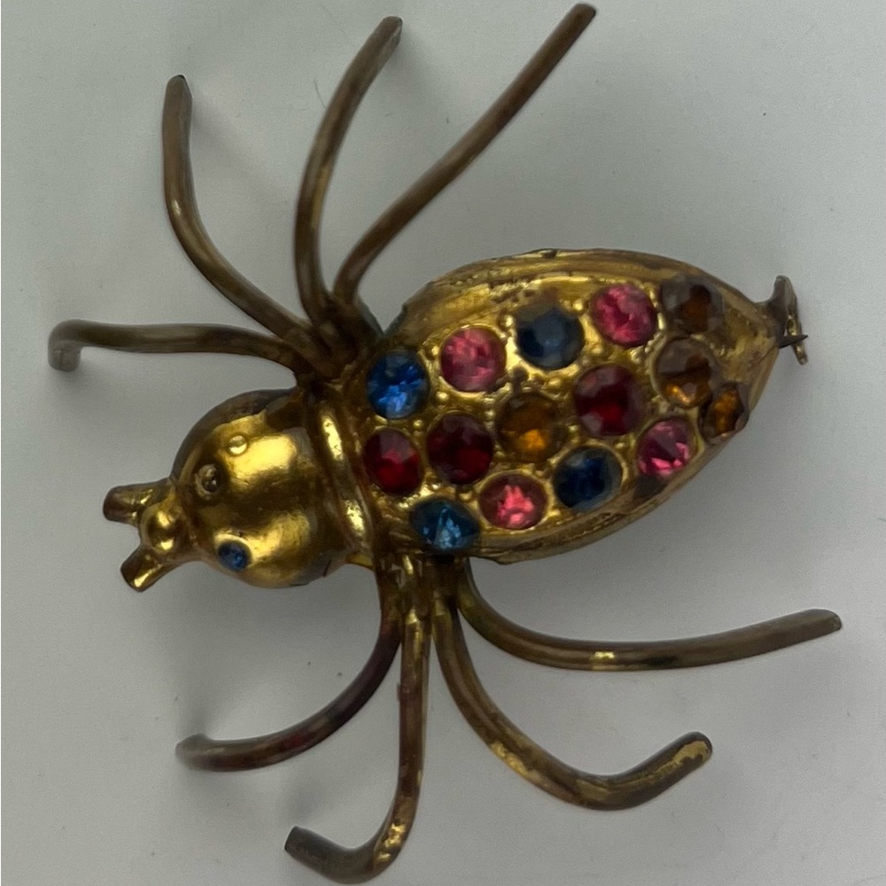 Vintage Czechoslovakian Brass Metal Bug Spider Insect Brooch Pin Rhinestones
